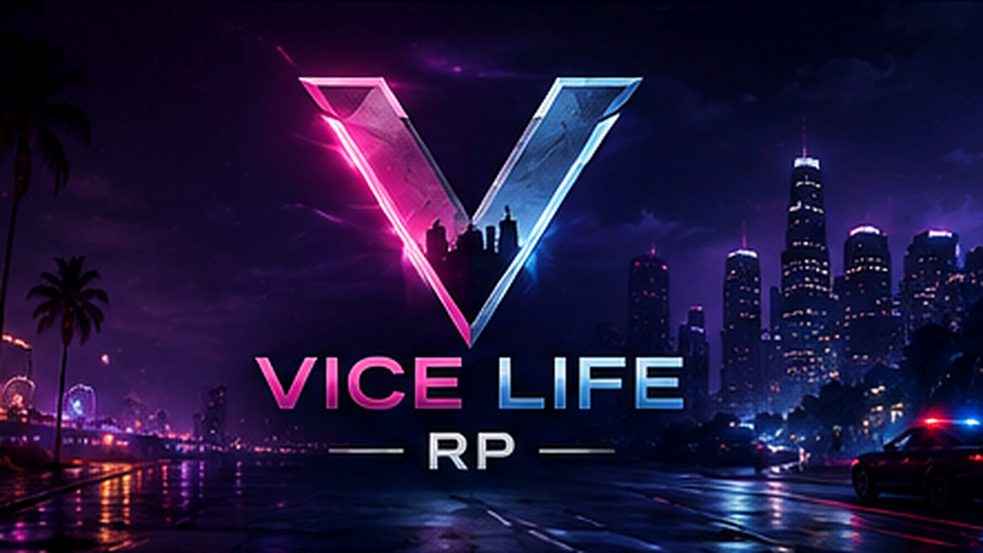 Vice Life RP neon skyline and V emblem